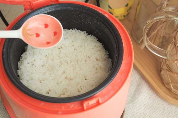 Un cuiseur électrique rempli de riz blanc cuit.
