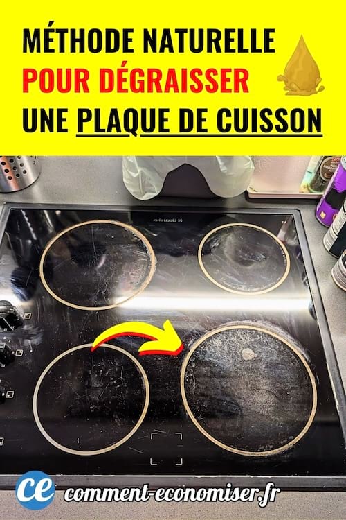 Plaque de cuisson sale, flèche jaune, fond jaune vif, texte noir et rouge.