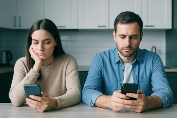 Couple dans une cuisine moderne, assis à table sans se parler. Chacun regarde son téléphone.