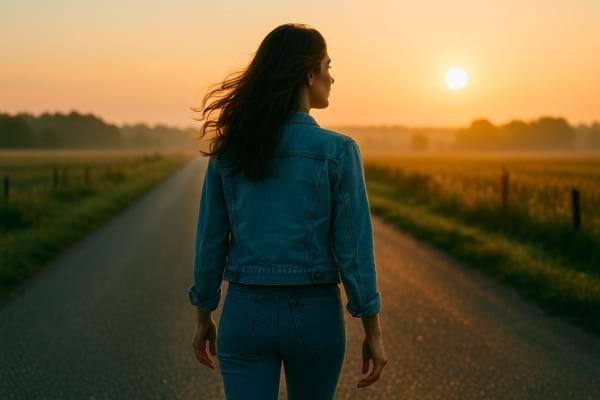 Femme marchant seule sur une route de campagne au lever du soleil.