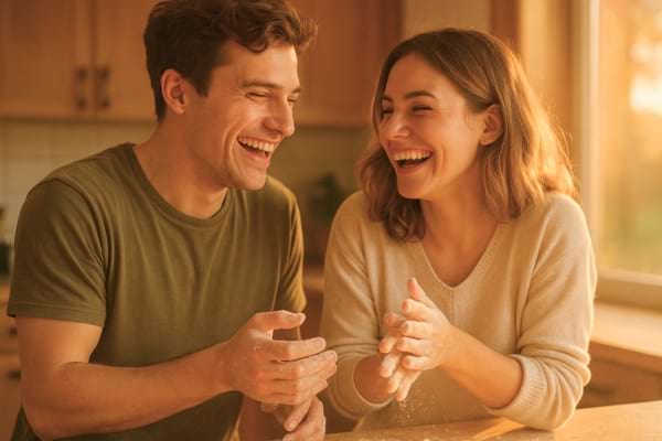 Couple riant ensemble en cuisinant.