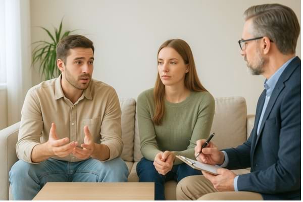 Couple en séance de thérapie avec un psychologue.