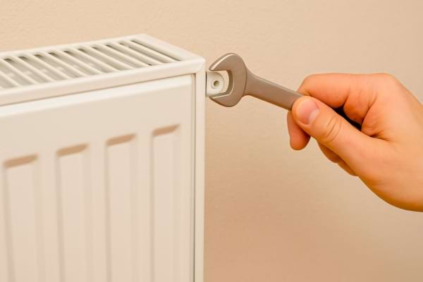 Personne purgant un radiateur avec une clé plate à côté d’un mur propre.