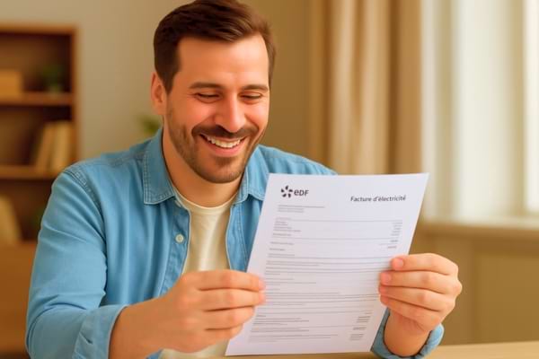 un homme regardant sa facture de chauffage en souriant