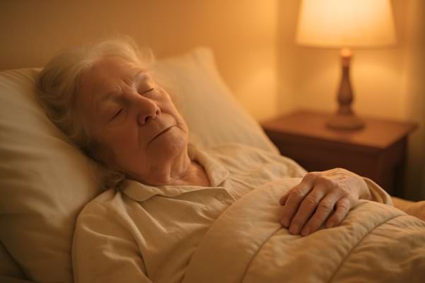 une personne âgée endormie paisiblement, lumière tamisée, ambiance douce.