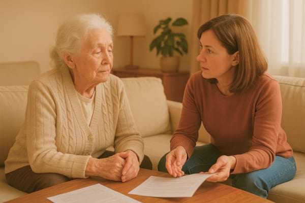 un parent et un enfant discutant calmement dans un salon, documents sur la table.