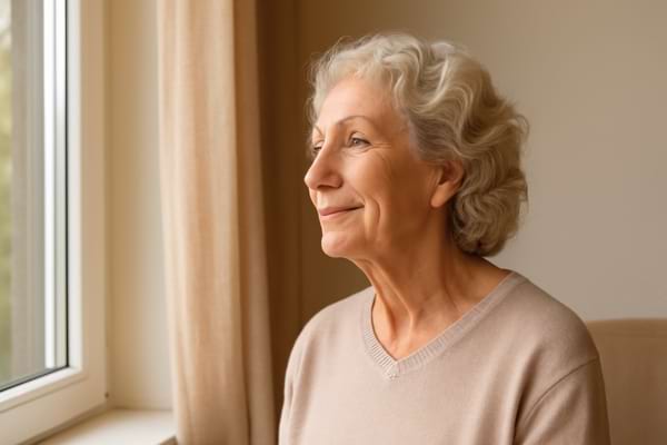ne personne âgée regardant par la fenêtre, lumière du matin, air apaisé.