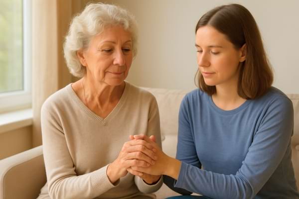 un enfant tenant la main de sa mère âgée, lumière naturelle et ambiance sereine.