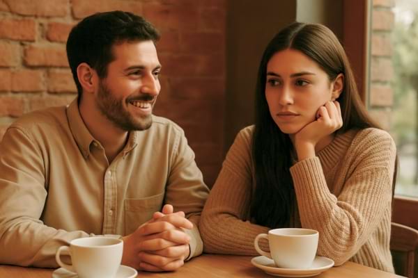un couple discutant au café, l’homme sourit tandis que la femme semble pensive