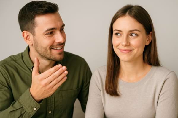 un homme complimente une femme souriante mais méfiante