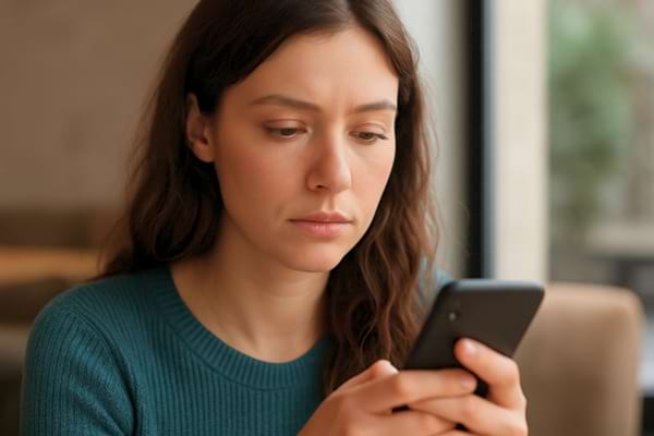 une femme songeuse regarde son téléphone après un message