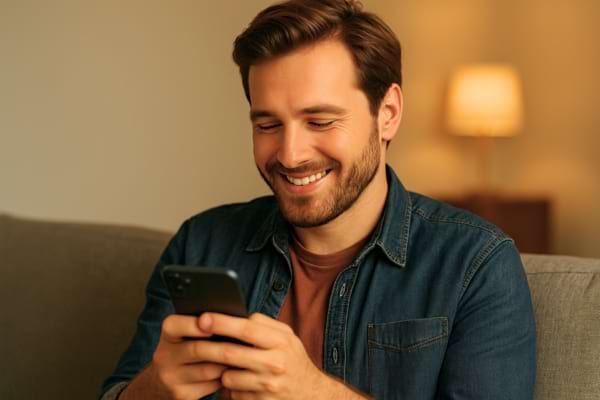 un homme sourit en envoyant un message romantique sur son téléphone
