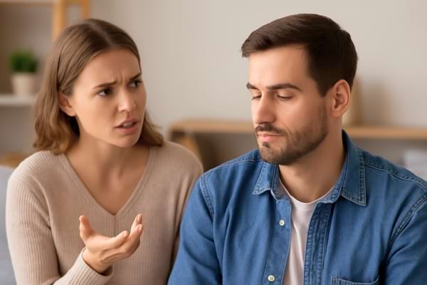 une femme contrariée parle à un homme qui détourne le regard