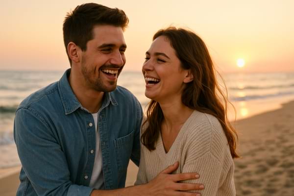 un couple riant sur la plage au coucher du soleil