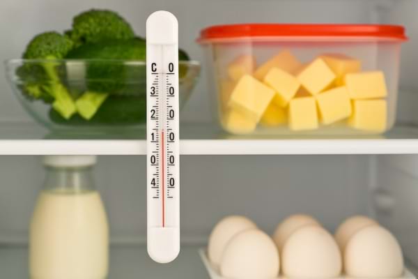 Gros plan sur un thermomètre placé dans un réfrigérateur bien rangé.