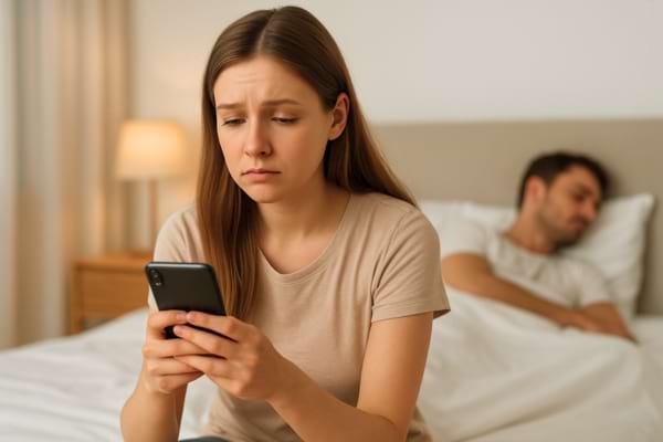Une femme regarde son portable après un moment intime