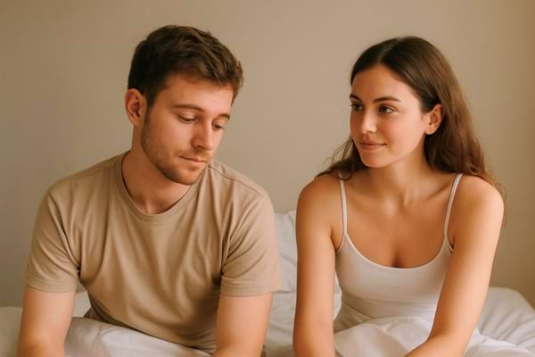 un homme timide évite le regard d’une femme bienveillante après un rapport