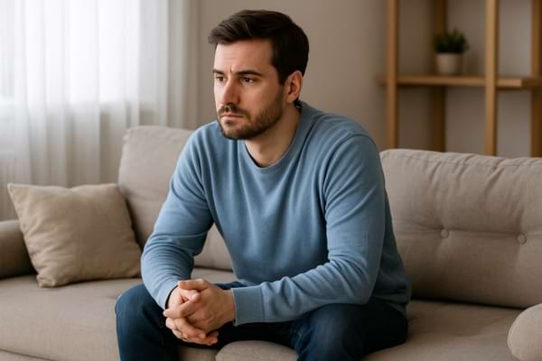 un homme seul sur un canapé, regard dans le vide