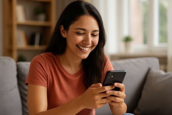 une femme sourit en écrivant un message sur son téléphone