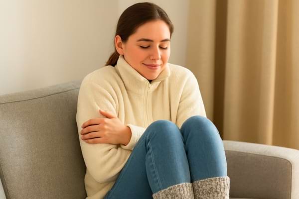 femme en pull polaire et chaussettes chaudes