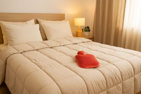 chambre avec couette épaisse et bouillotte