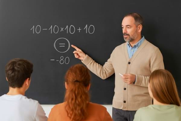 enseignant expliquant une équation sur un tableau devant des élèves attentifs.