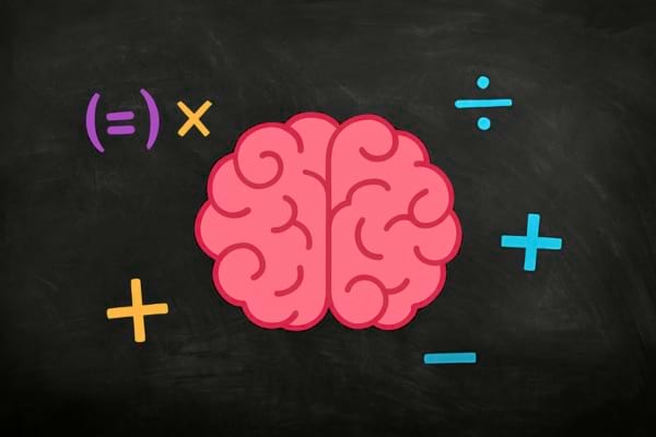 cerveau stylisé avec des symboles mathématiques flottant autour.