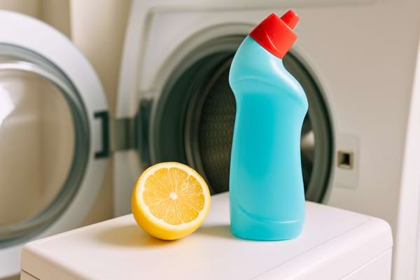 Photo réaliste d’un demi-citron et d’un flacon de gel WC 