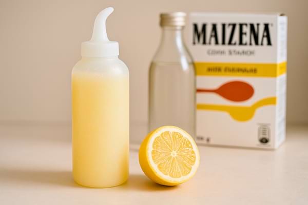 Gros plan d’un flacon transparent rempli de gel WC maison à base de citron et vinaigre