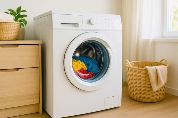Photo d’un lave-linge en marche avec du linge coloré visible dans le hublot