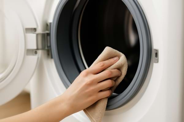 Photo d’une main féminine essuyant le joint en caoutchouc d’un lave-linge avec un chiffon
