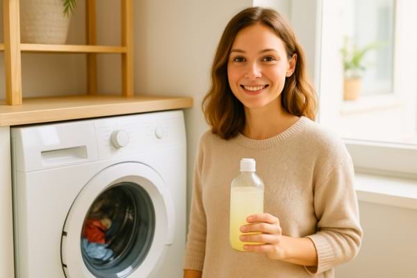 Photo d’une femme souriante debout près de sa machine à laver avec produit maison