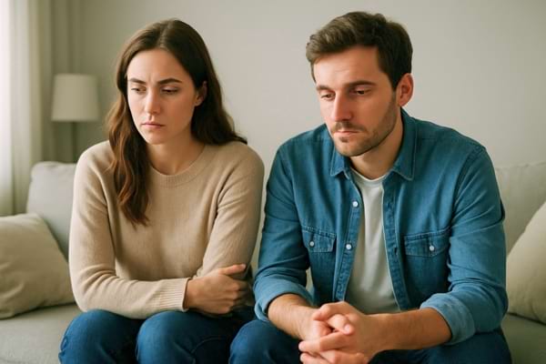Une femme et un homme assis côte à côte sur un canapé, se regardant à peine