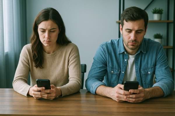 Un couple à table, silencieux, chacun regardant son téléphone.
