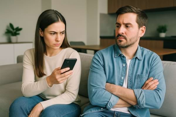 Une femme regarde le téléphone de son partenaire pendant qu’il détourne le regard, visiblement agac