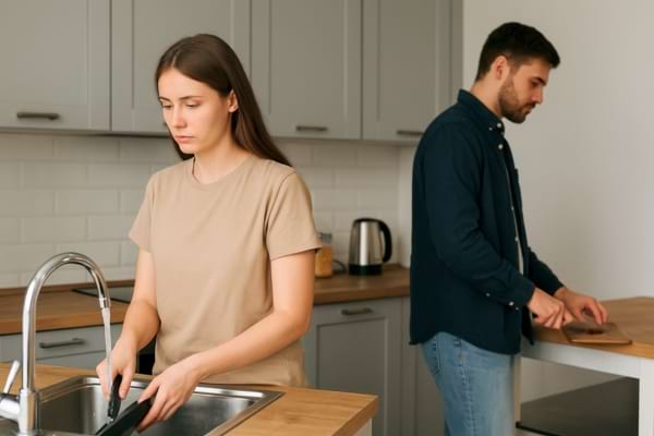 Un couple dans une cuisine, chacun occupé à ses tâches quotidiennes, sans échange de regard