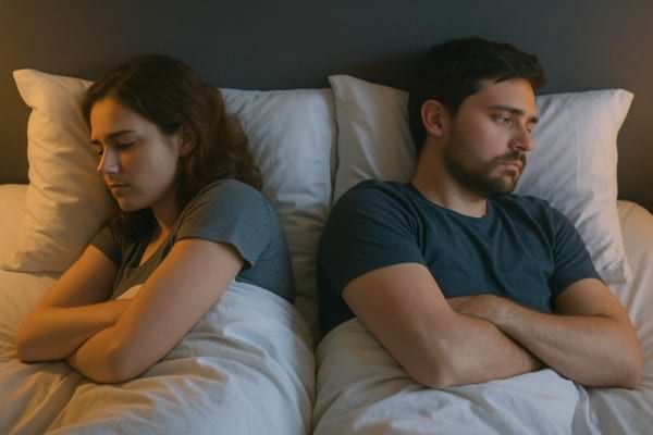 Un couple allongé dans le lit, tourné dos à dos, sans contact.