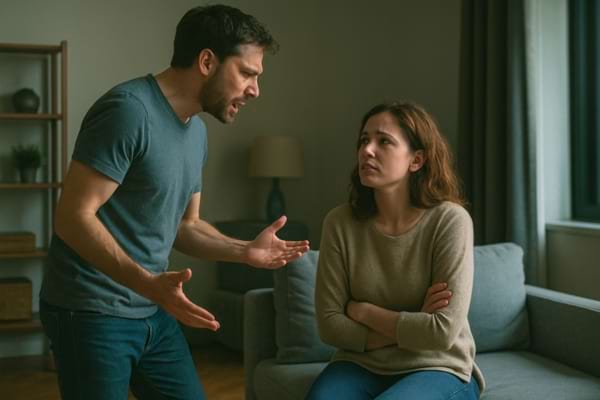 Un couple en pleine dispute dans un salon. L’homme est debout, la femme assise, visiblement blessée.