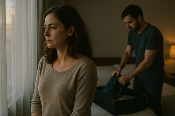 Une femme regarde par la fenêtre, pensive, tandis qu’un homme range ses affaires