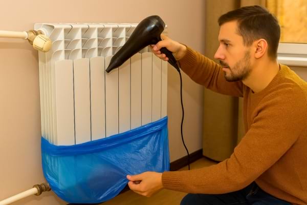 un homme utilisant un sèche-cheveux au-dessus d’un radiateur, un grand sac plastique placé dessous