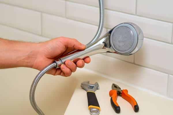 Main d’un plombier installant un pommeau de douche économe, avec des outils posés à côté.