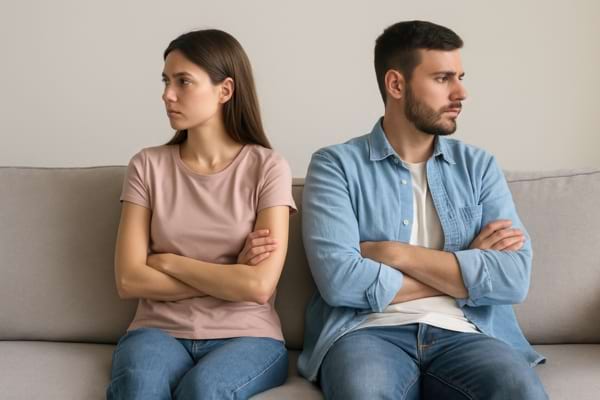 couple assis dos à dos sur un canapé, regard distant