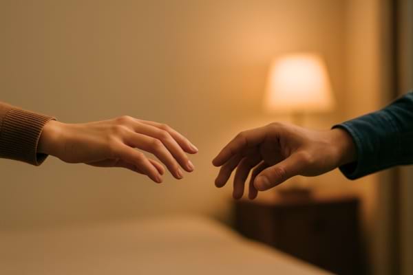 mains qui s’éloignent lentement, lumière tamisée