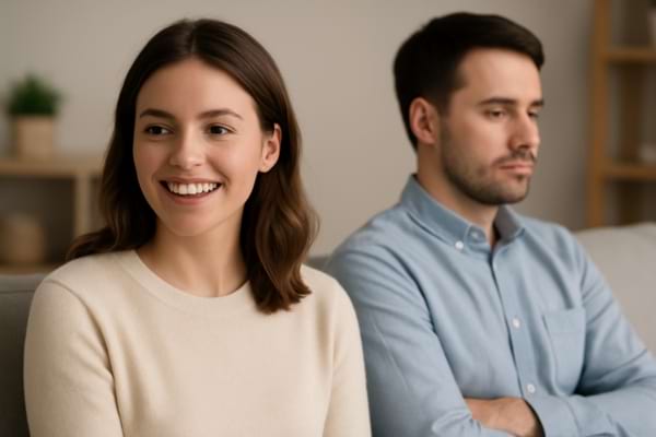 femme souriante face à un partenaire indifférent