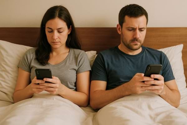 homme et femme dans un lit, chacun sur son téléphone