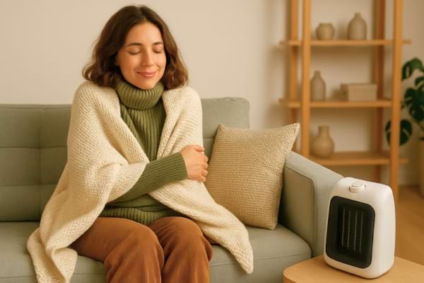 Une femme qui utilise un chauffage d'appoint