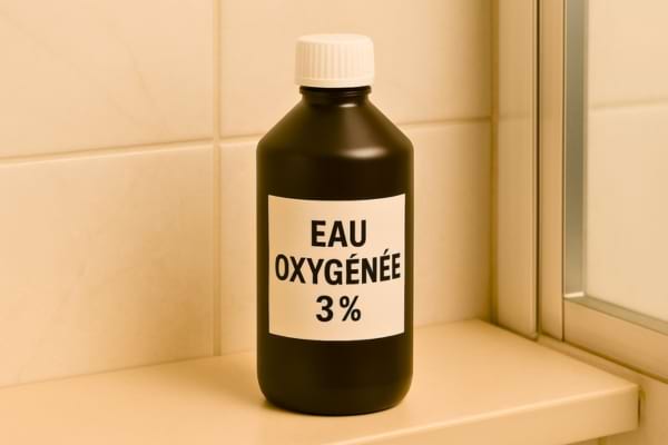flacon de peroxyde d’hydrogène posé sur une étagère de salle de bain)
