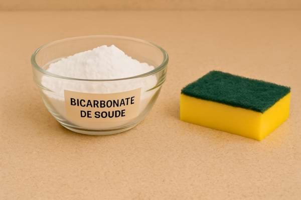 un bol de bicarbonate et une éponge sur un plan de travail