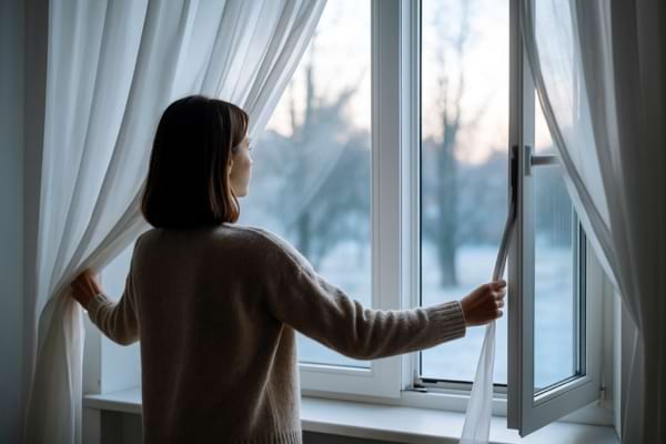 femme ouvrant une fenêtre le matin, lumière froide d’hiver