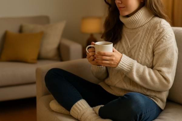 femme portant un pull chaud et des chaussettes épaisses, tasse de thé à la main